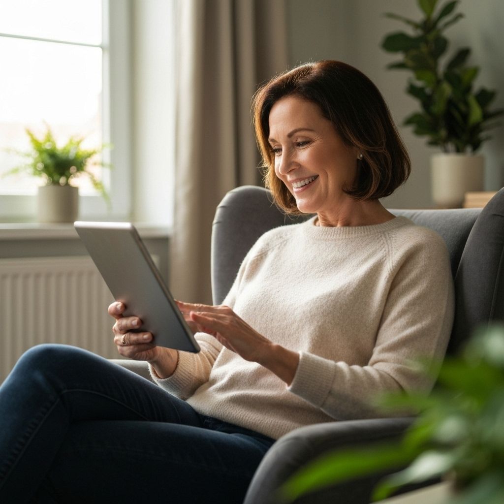 Seniorka kobieta 60+ pewnie korzystająca z tabletu w domu